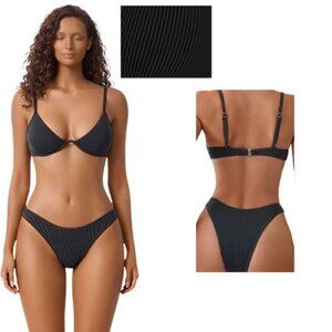 🆕Small Black Underwire Triangle Bikini Ribbed Cheeky 2 Piece Set NWOT
